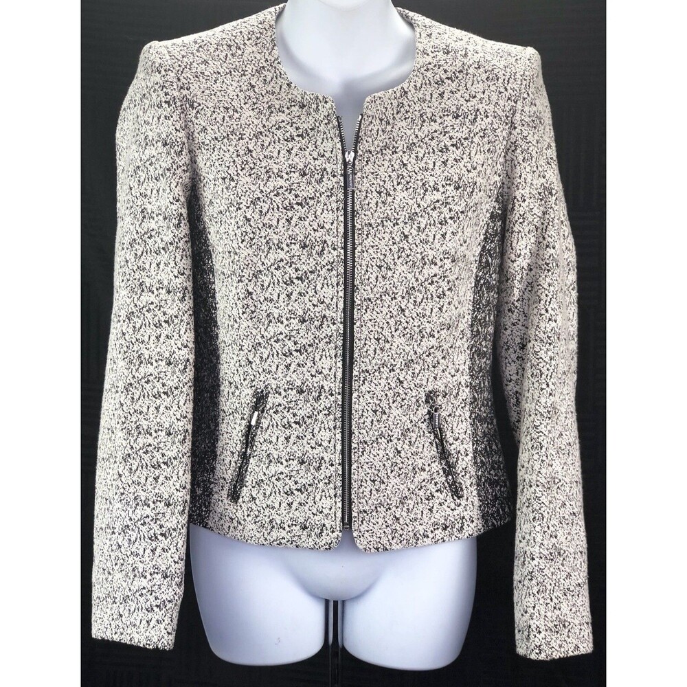 Calvin Klein Cropped Jacket 2 Wht/Blk Woven Zip Up Scoop Neck Pockets Career Y2K